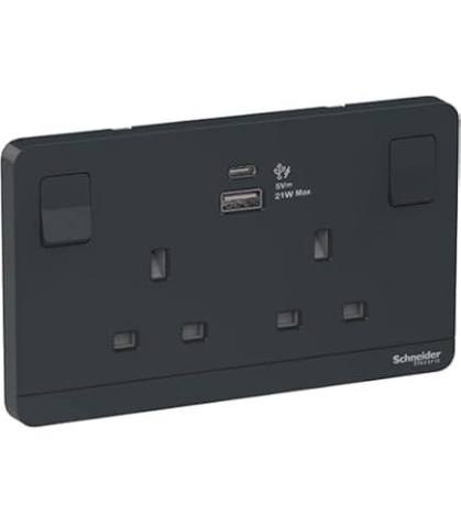 FE145 V1 Black V1-018 Double MF Switched Socket with 2 USB