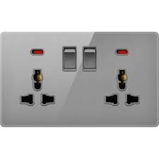 R434 V6 Gray V6-048 Switched Double 3 Pin Universal Socket with Neon – Modular Power Socket