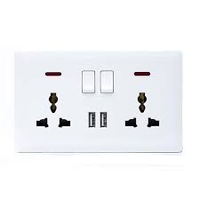 E427 V7 White V7-049 Switched Double 3 Pin Universal Socket with 2 USB Ports & Neon