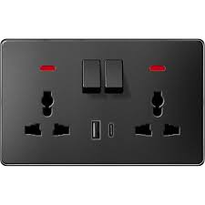FE428 V7 Black V7-049 Switched Double 3-Pin Universal Socket with 2 USB & Neon