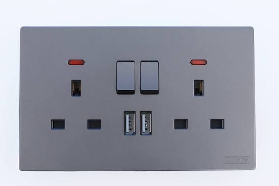 FE426 V7 Gray V7-049 Switched Double 3 Pin Universal Socket with 2 USB & Neon