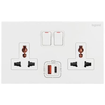 R405 V6 White V6-041 Multi Function Socket + 2 USB with Switch/Neon
