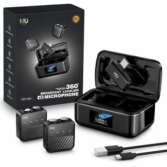 HU Broadcast Lavalier Microphone 360° ×2 – Wireless Dual Microphone System with Charging Case