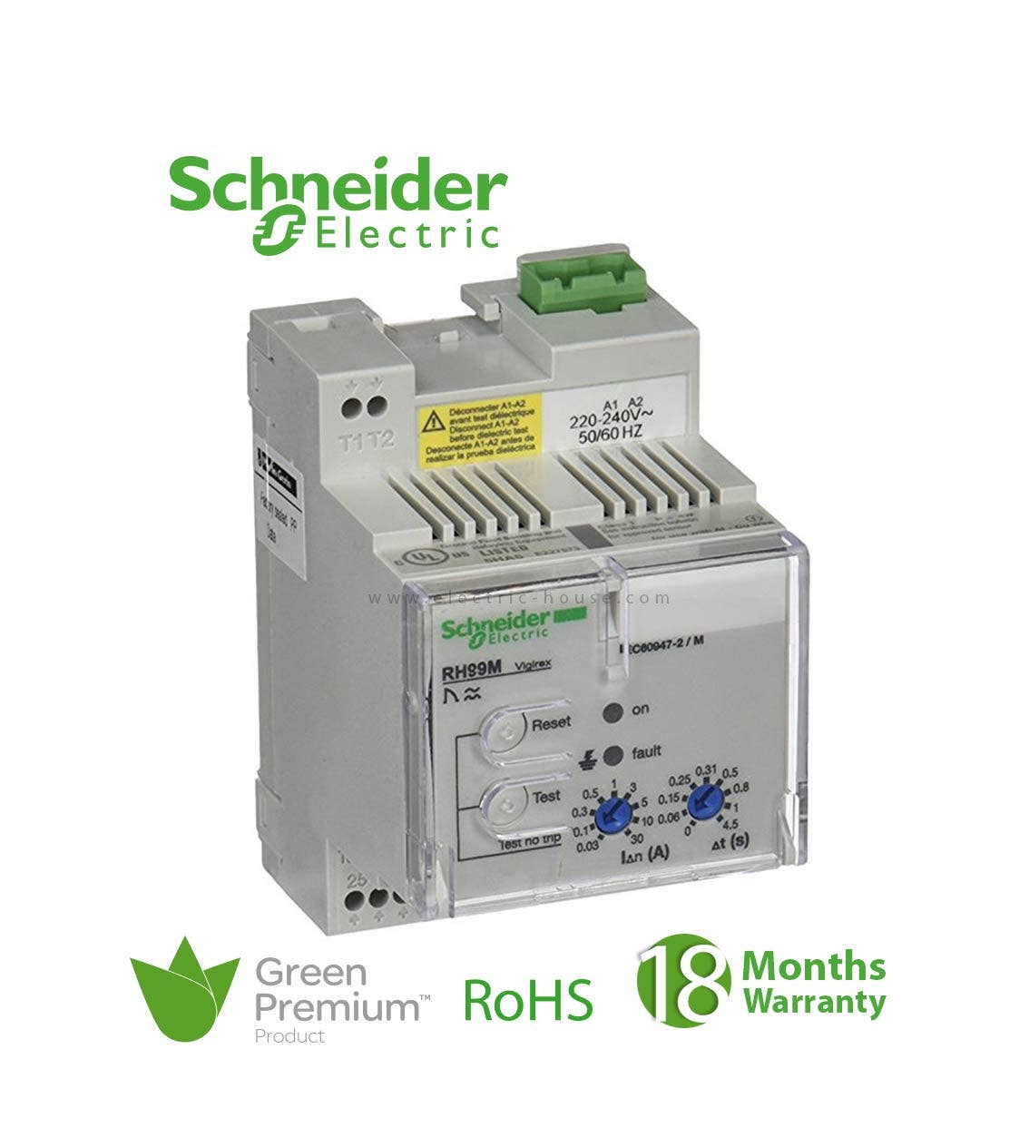 SCHNEIDER – Earth-Leakage Relay Rh99M With Manual Reset, 0.03-30 A, 0-4.5 S, 240 V, Supplier Part Number: 56173 Qatar