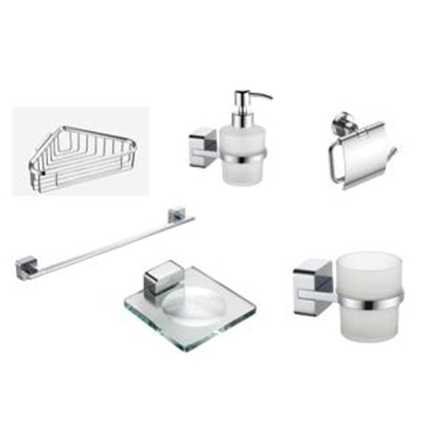 Bathroom Set Pack Of 6 (Shower Basket, Towel Rack, Toilet Paper Holder, Glass Soap Dish, Tumbler Holder, Soap Dispenser)