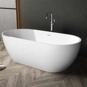 Solid surface free standing bath tub with drainer and pipe overflow