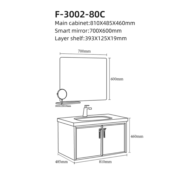 Wall Mount Bathroom Cabinet With Led Plain Mirror - Artificial Marble 810x485x455MM (1 Set 3 Pack)