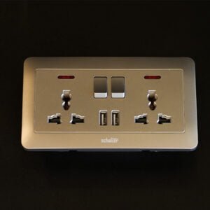 250V 2Gang Universal Switched Socket + 2 USB - PC Panel & Stainless Steel Support -Silver (VS050)
