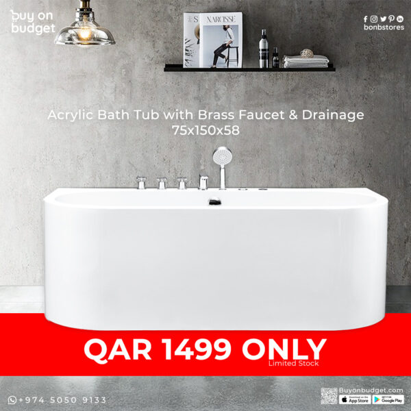 Acrylic Bath Tub with Brass Faucet & Drainage 75x150x58