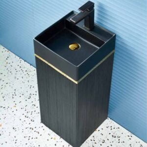 Artificial Stone Floor Basin Black with SS Gold Ring - L420xW420xH860