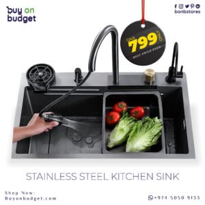 stainless steel kitchen sink with water fall faucets