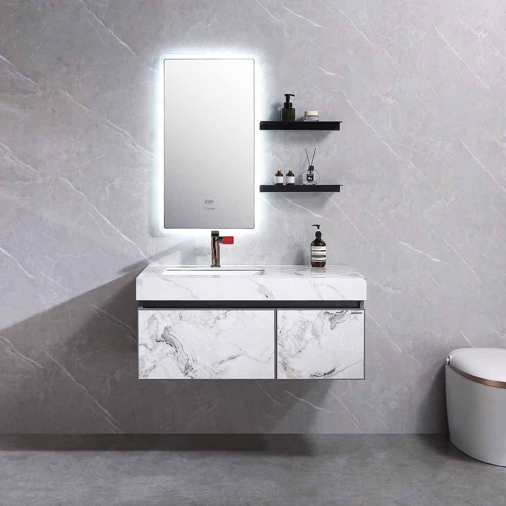 Vanity Cabinet with LED Touch Illuminate Mirror - White Marble ...