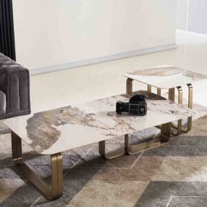 Marble Design Center Coffee Table + Side Table Marble & Gold Color
