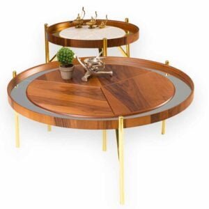 Walnut Center Table + Side Table Wood And Gold Color