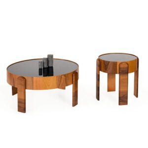 Walnut Round Glass Top Center Table + Side Table wood Color