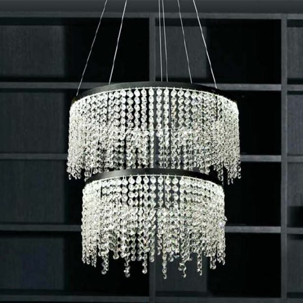 Modern 2-Round Black Steel Dimmable Crystal LED Chandelier