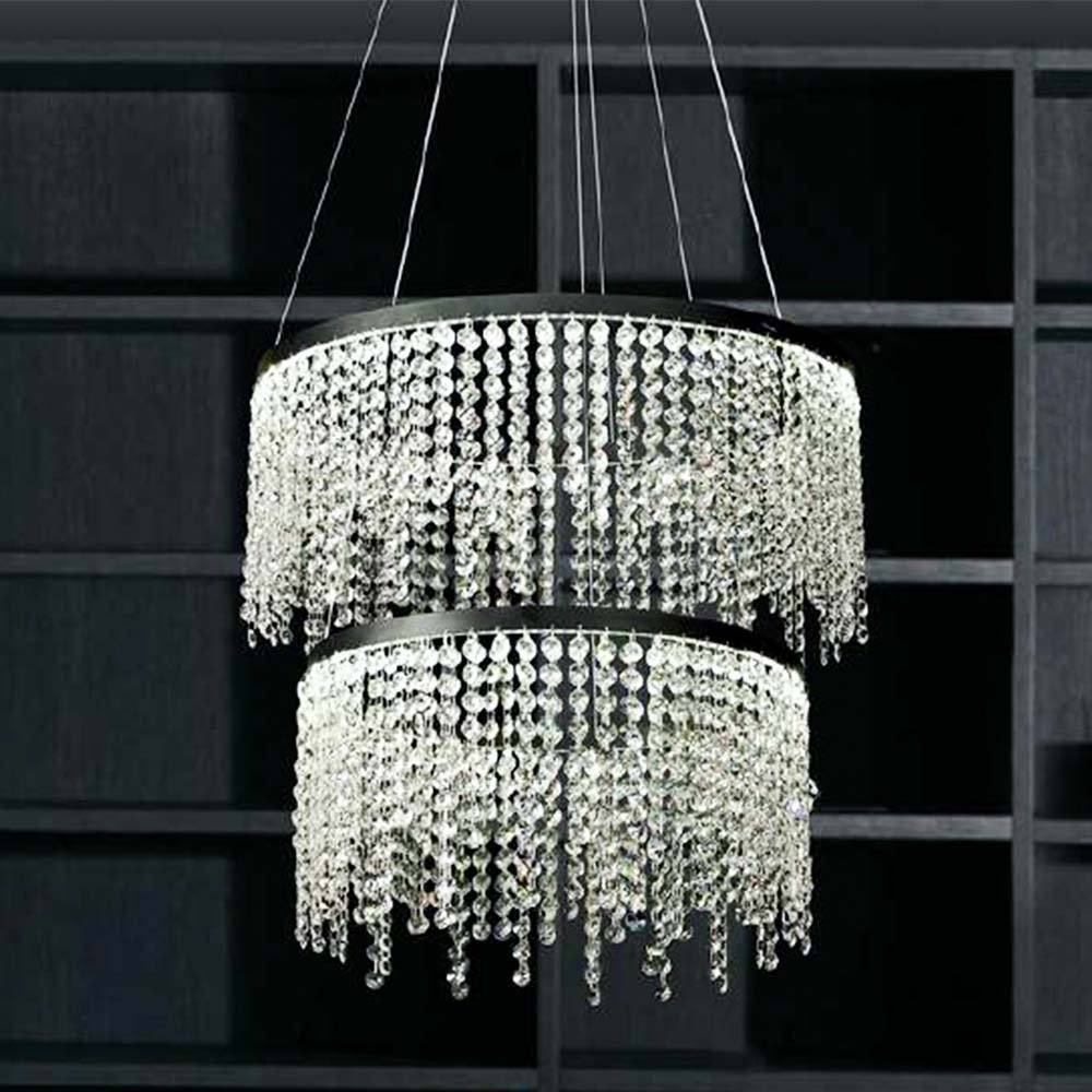 Modern 2-Round Silver Steel Dimmable Crystal LED Chandelier
