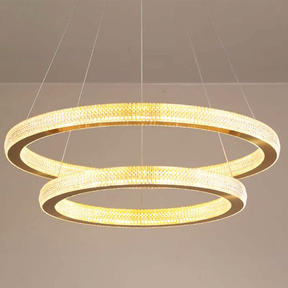 Modern Luxury Silver Brass 2-Ring Crystal LED Pendant Lamp