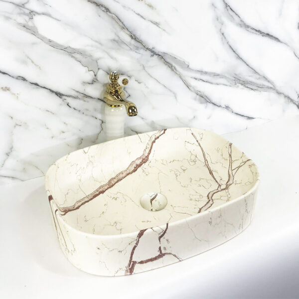 Curved Rectangular Countertop Wash Basin 510x370x120MM - Marble White (4200-11M)