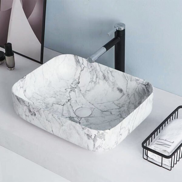 Curved Rectangular Countertop Wash Basin 510x400x135MM - Marble White