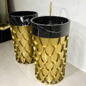 Black Marquina Marble Basin with Brushed Gold Washstand & Standing Faucet 508x900MM - A14 (1-Set,4-Pack)