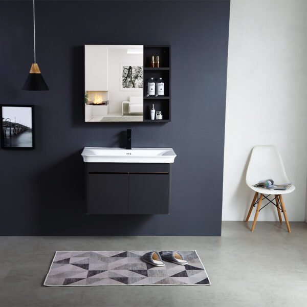 Vanity Cabinet and Led Cabinet Mirror with Ceramic Basin - (Black)