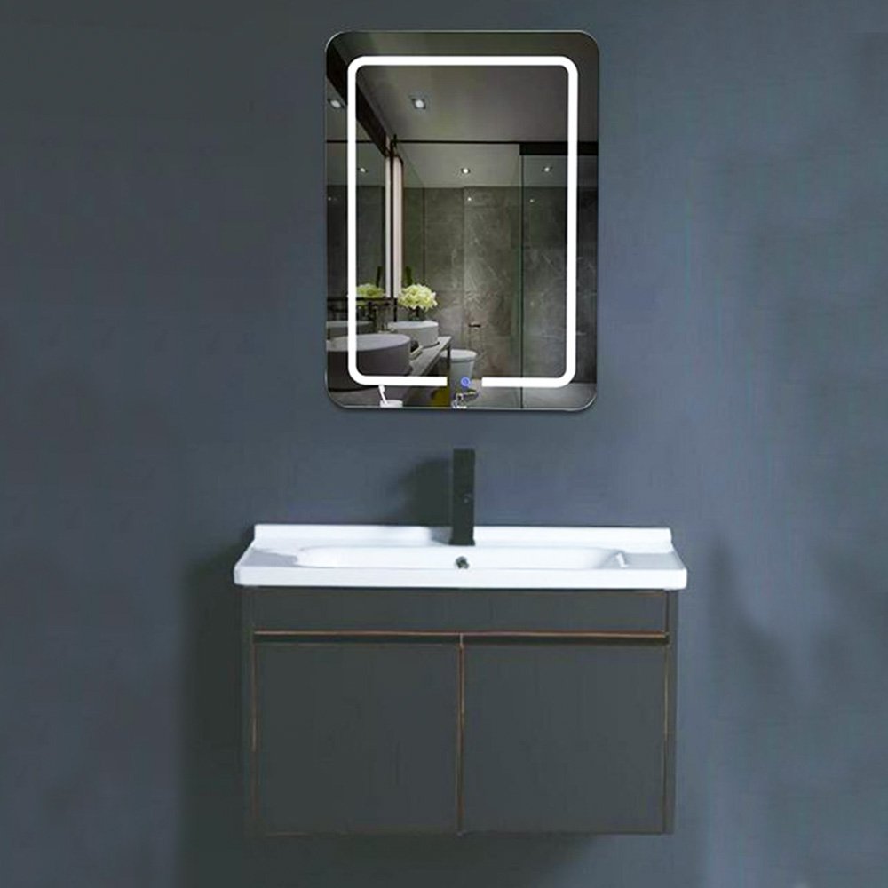 Vanity Cabinet and Led Plain Mirror with Ceramic White Basin - (Black)