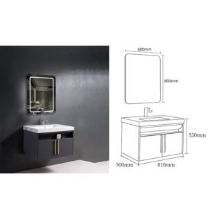 Vanity Cabinet and Led Plain Mirror with Ceramic Basin - (Dark)