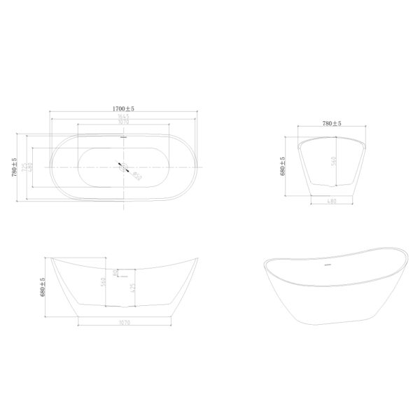 Sky-T Freestanding Oval Acrylic Bathtub - 1700x780x680MM (White)